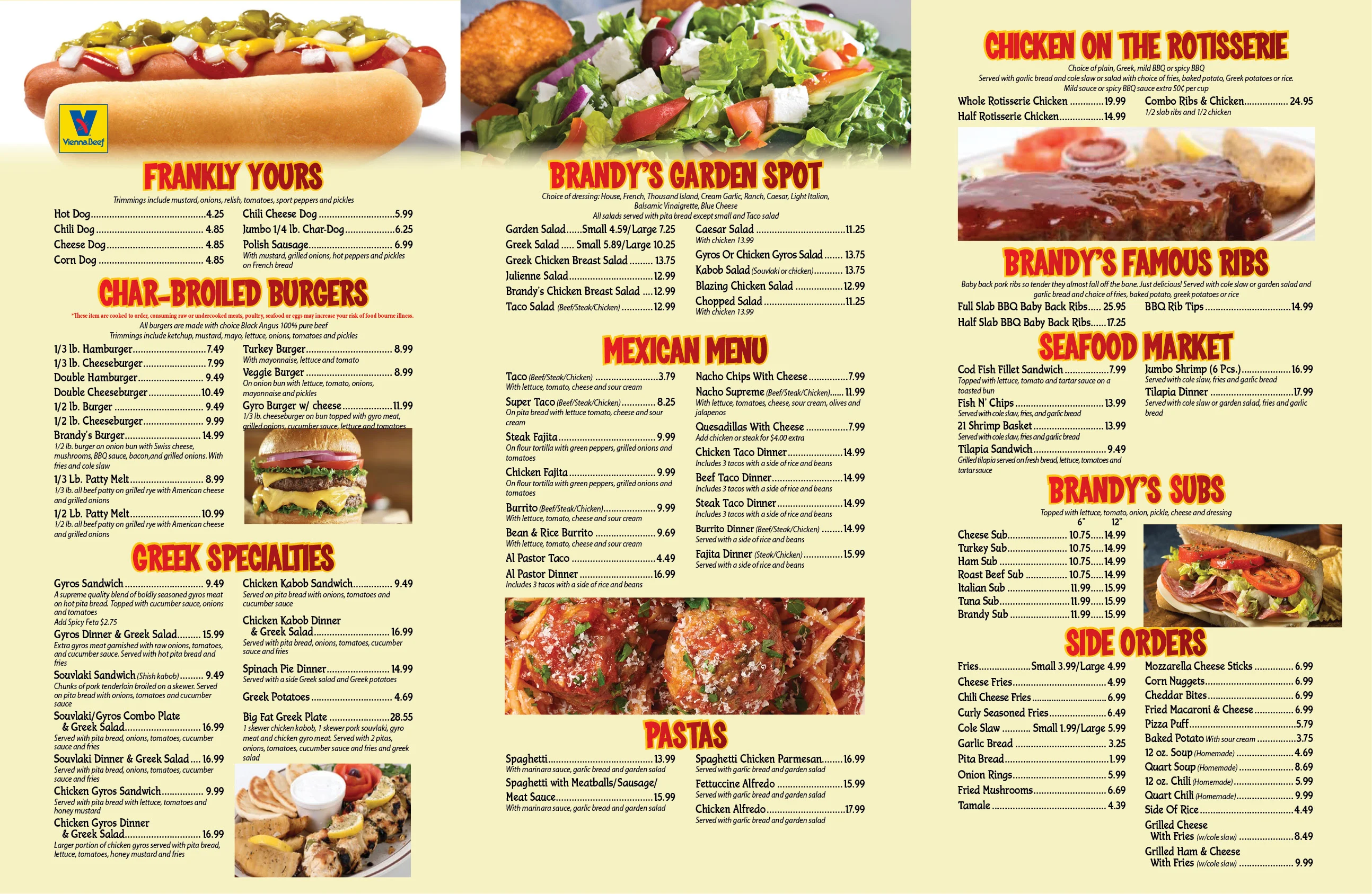 Diverse menu showcasing American and Greek dishes in a restaurant setting