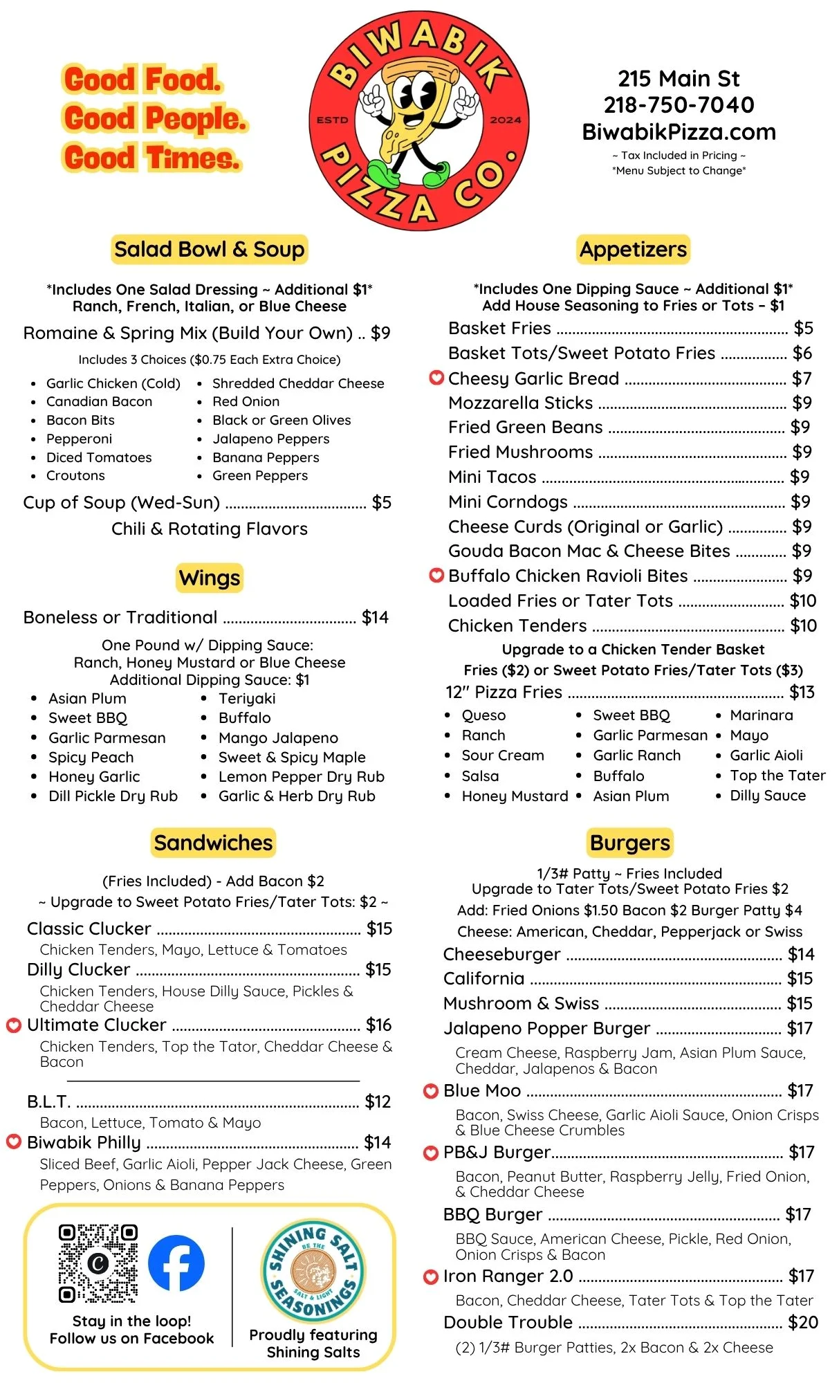 Dine-in menu featuring various food and drink options for April 2026.