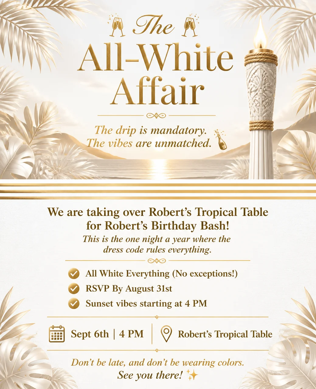 Elegant event invitation for an all-white themed birthday party