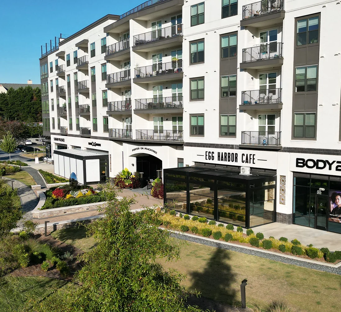 Modern restaurant exterior with outdoor seating
