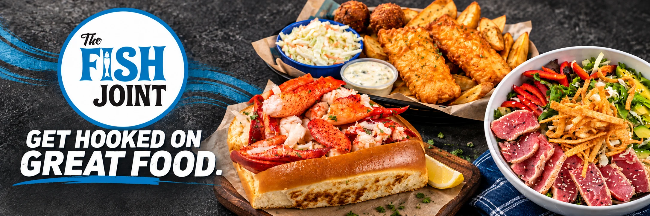 Lobster roll, fish and chips, and seafood salad platter