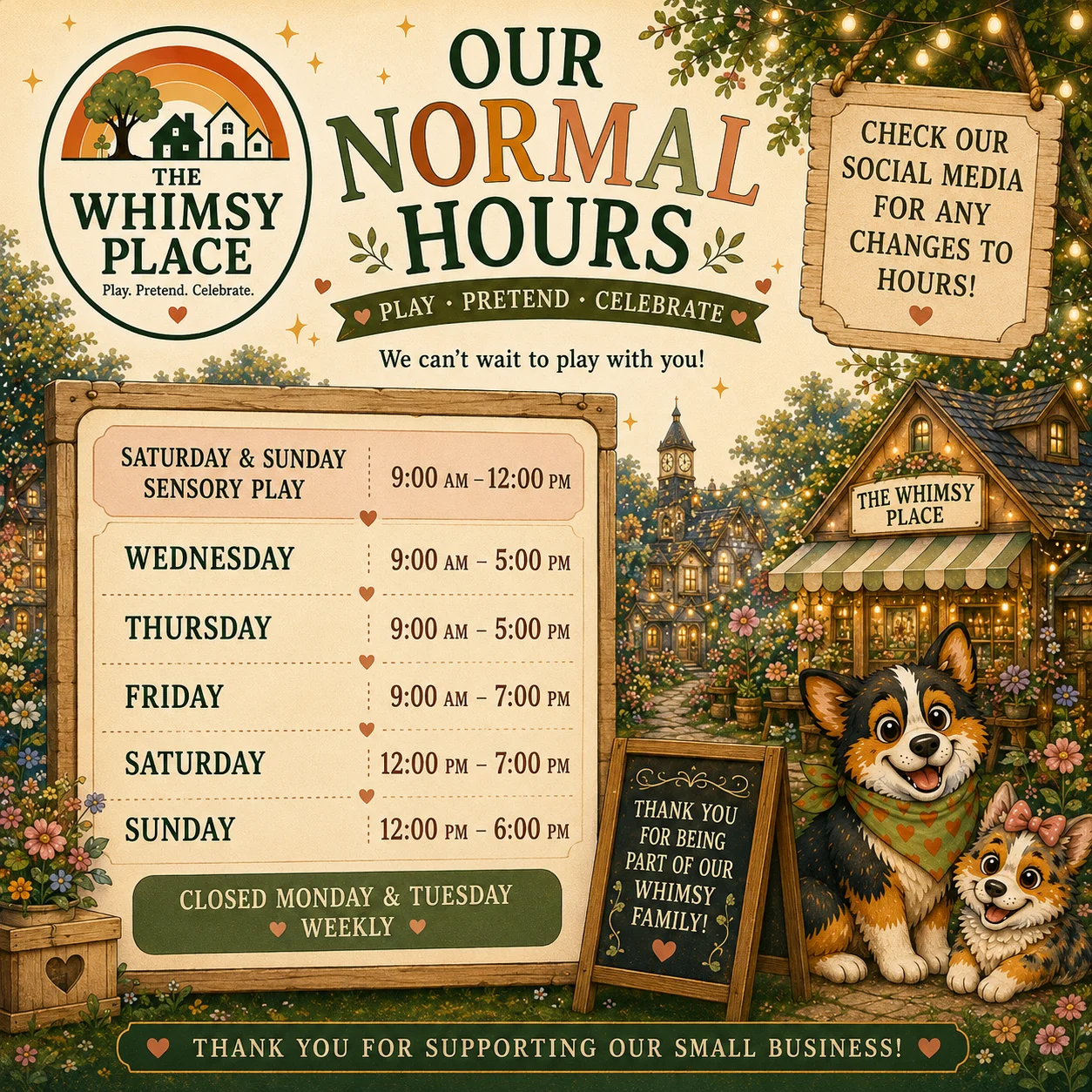 A colorful graphic displaying the normal operating hours of a playful establishment, featuring whimsical design elements and cartoon animals.