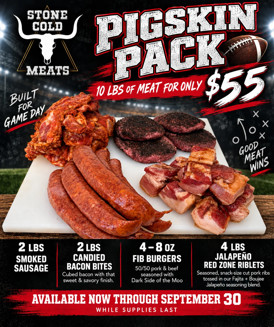 Game day meat platter featuring assorted sausages and ribs