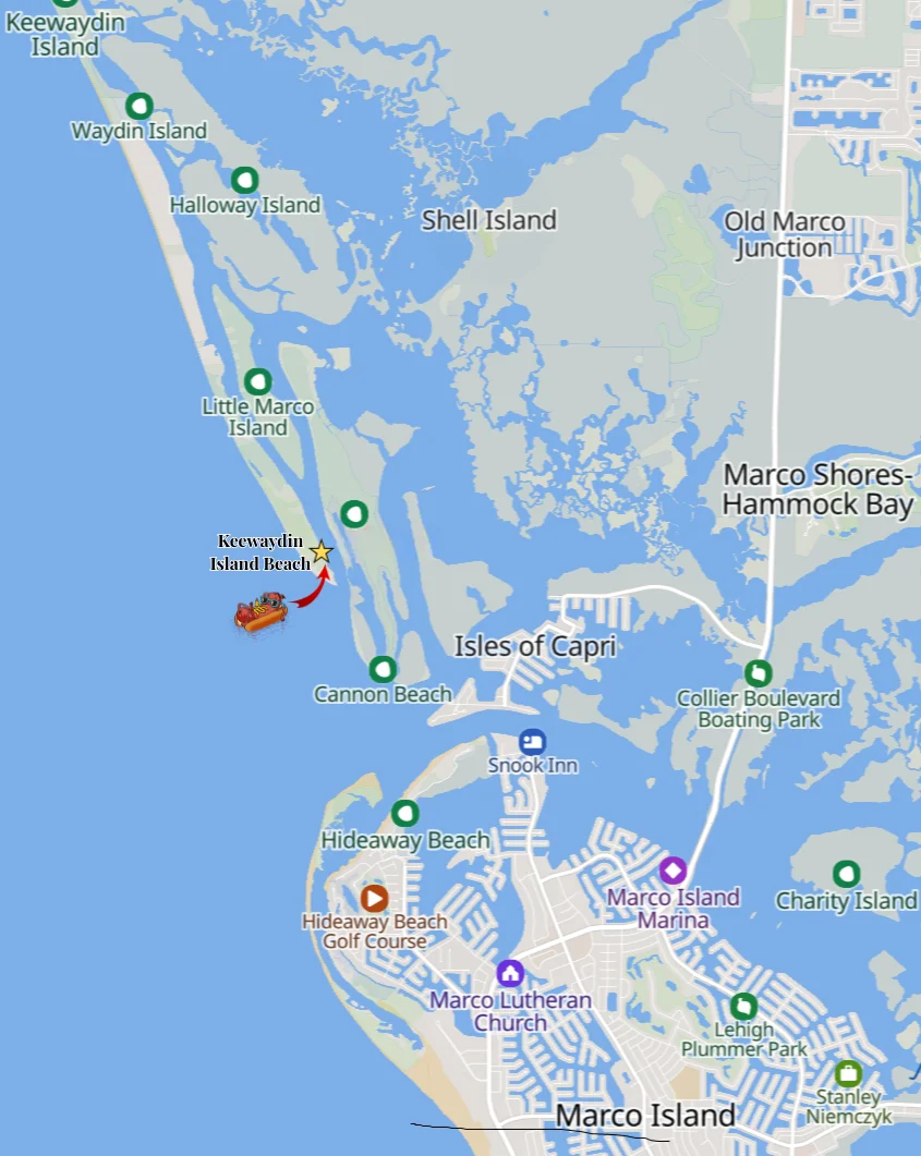 Map of Keewaydin Island showing locations and pathways.