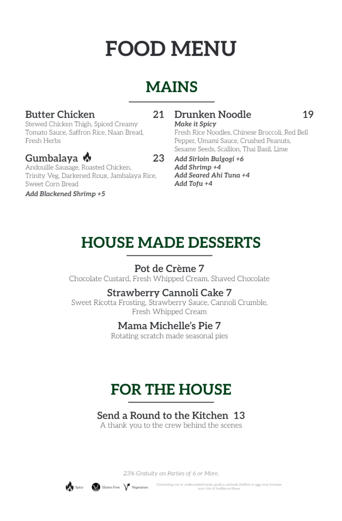 Food menu page featuring various dishes and prices.
