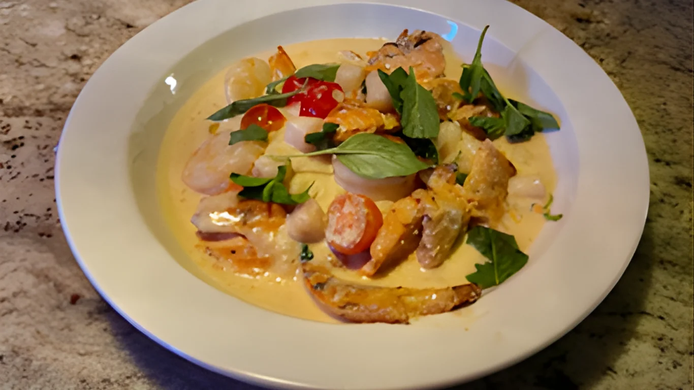 A bowl of seafood soup with various seafood ingredients and herbs.