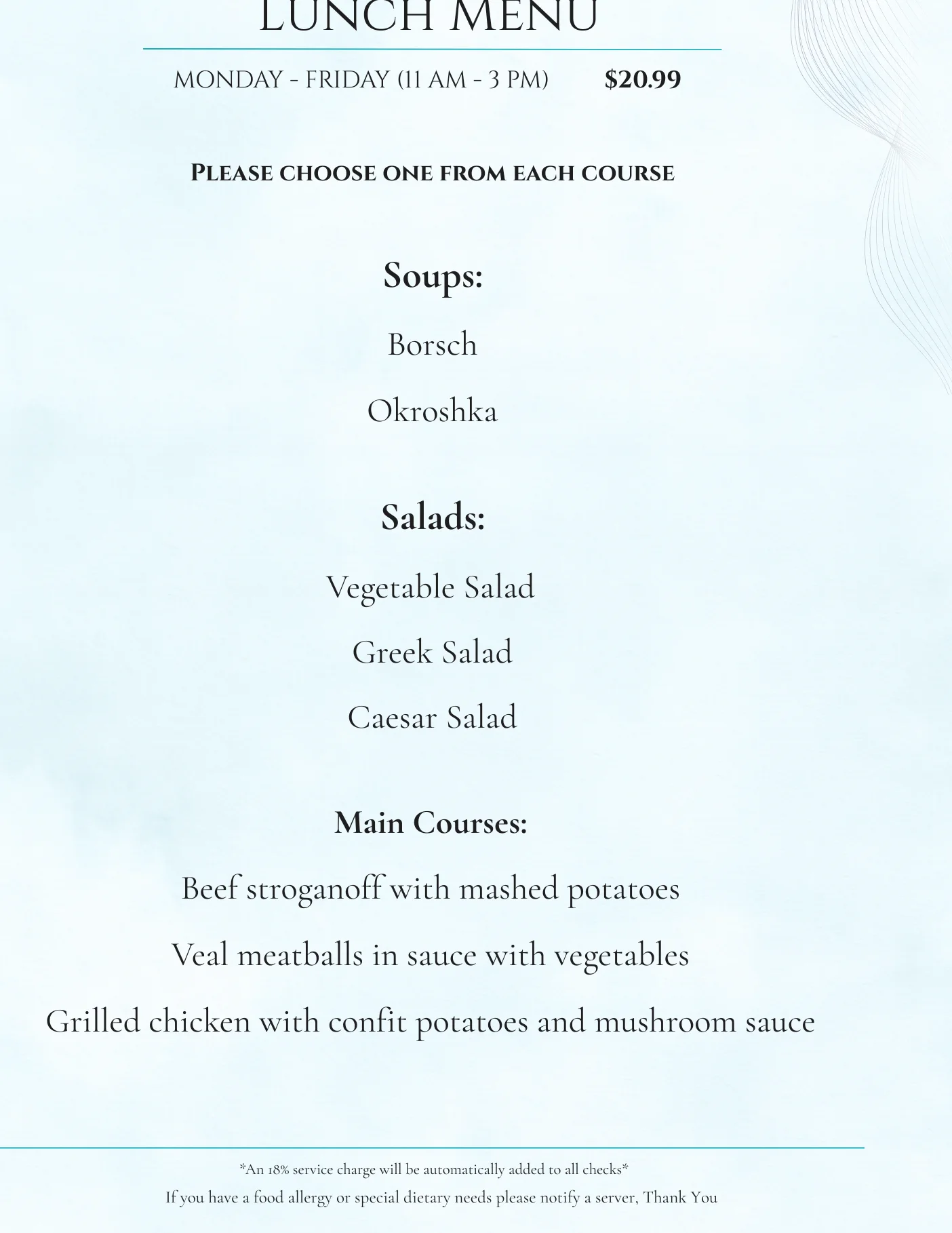 Lunch menu featuring Eastern European dishes