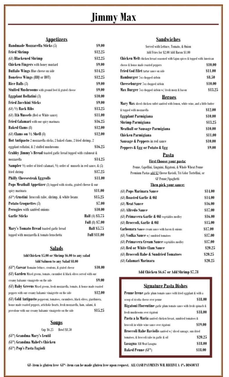 Jimmy Max A La Carte Menu with Prices