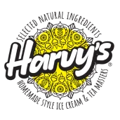 A colorful logo featuring a circular design with the name 'Harvy's' prominently displayed. The logo includes decorative elements and text highlighting natural ingredients.
