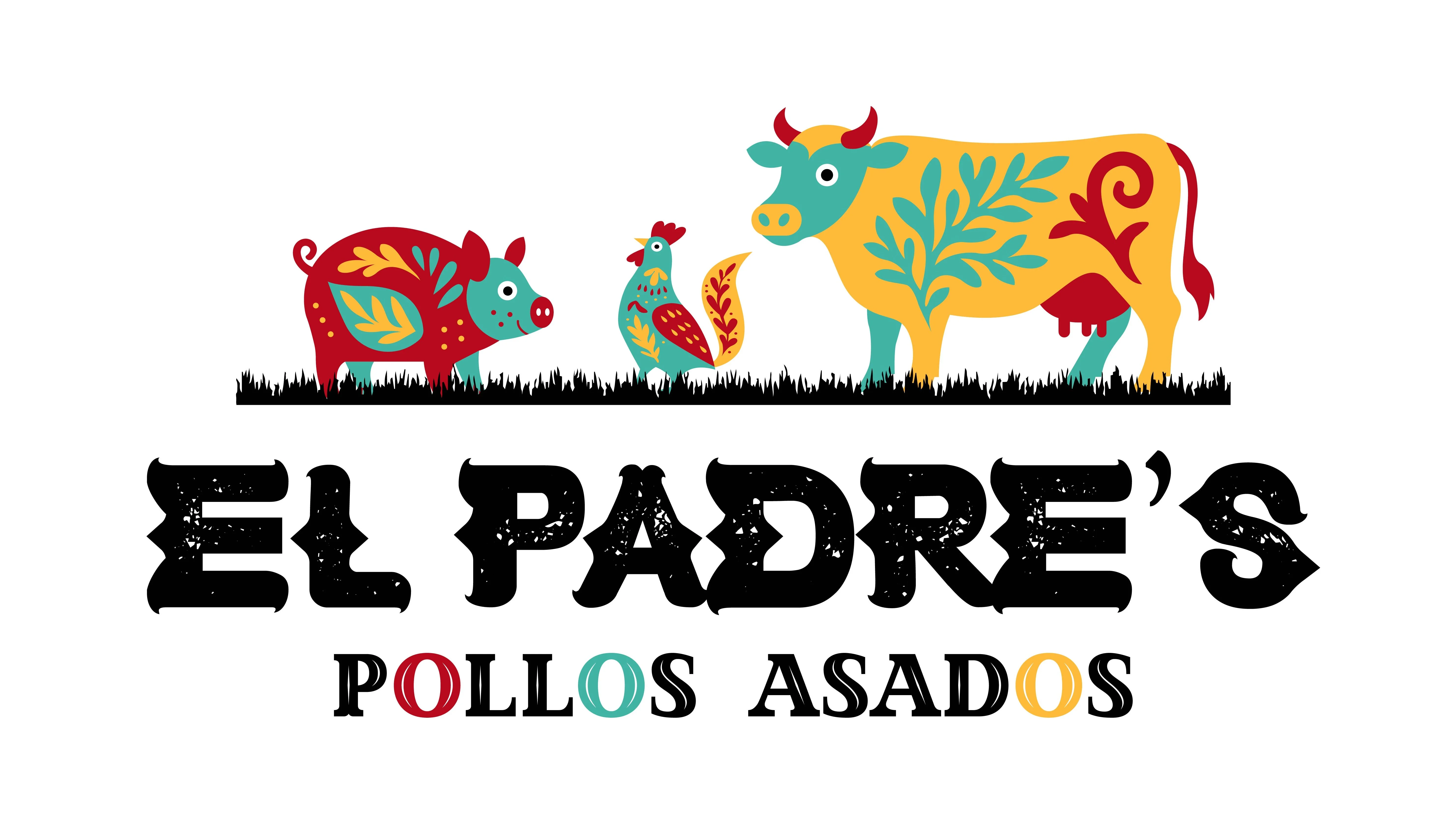 Colorful logo of El Padre's Pollos Asados featuring farm animals