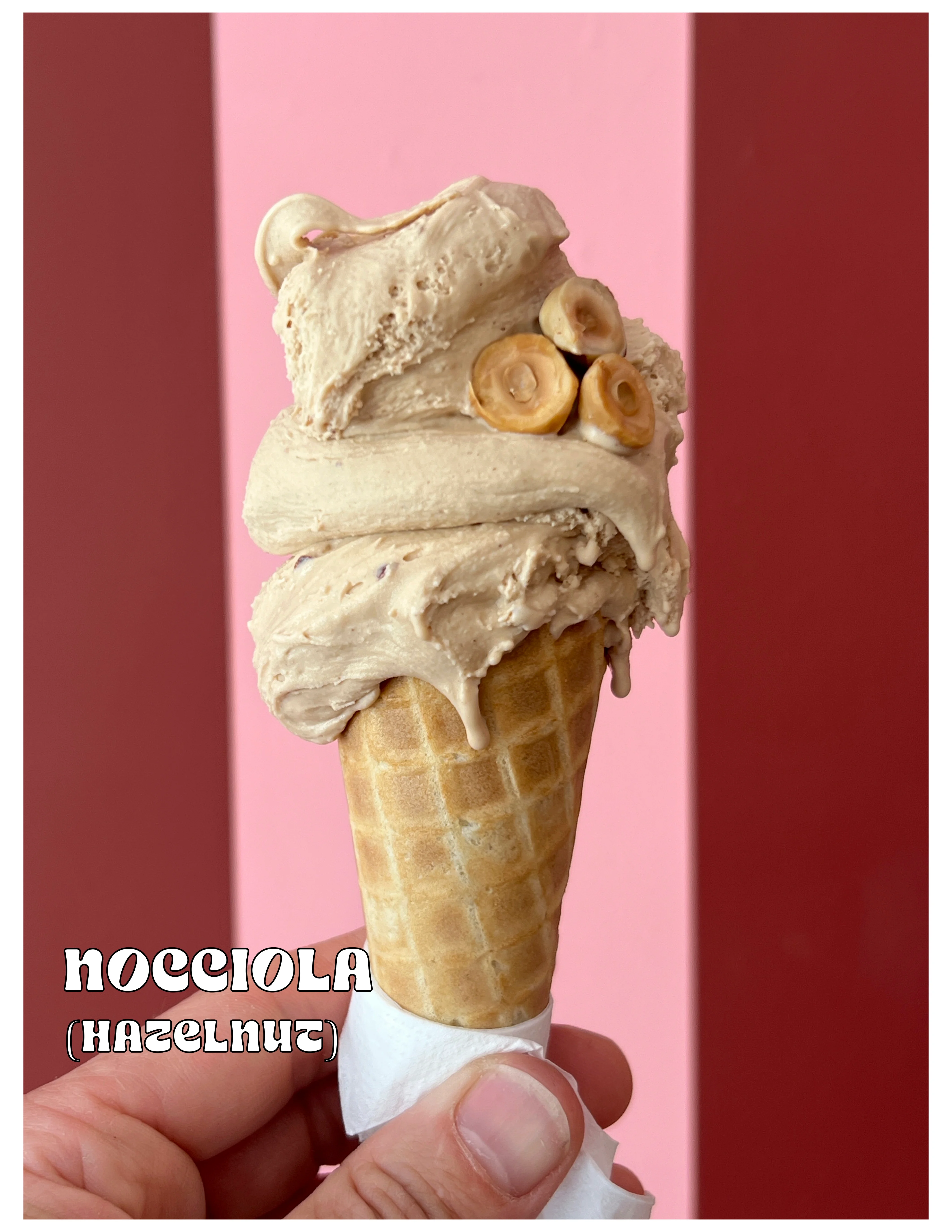 Delicious hazelnut gelato in a waffle cone