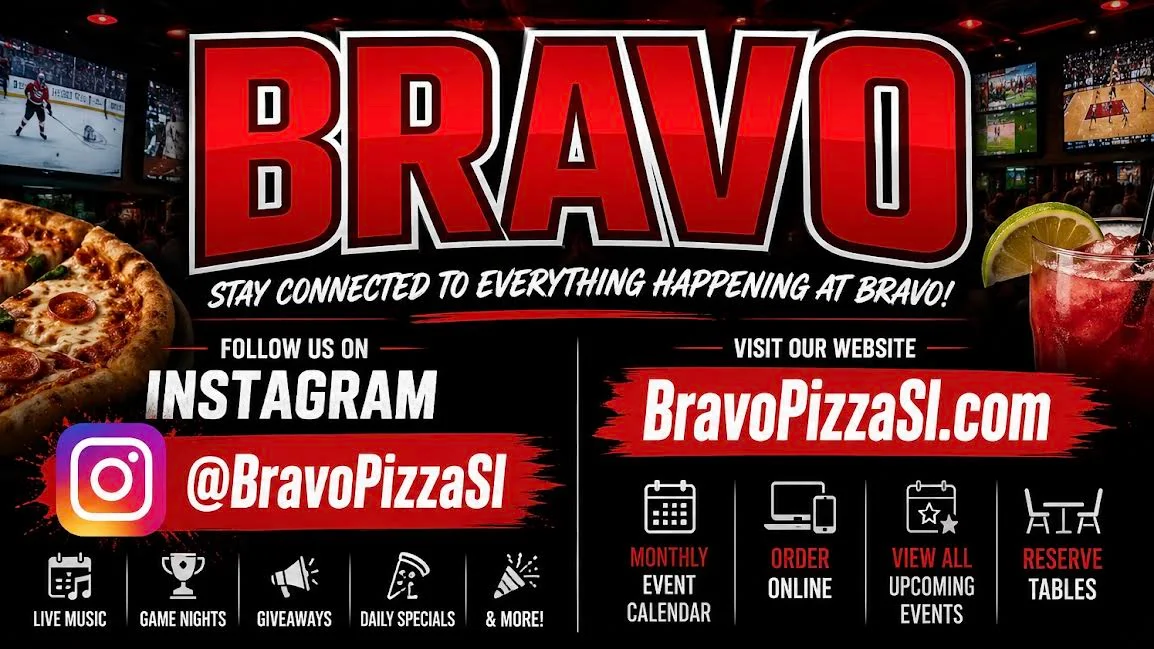 Vibrant restaurant promotional image featuring pizza and event details