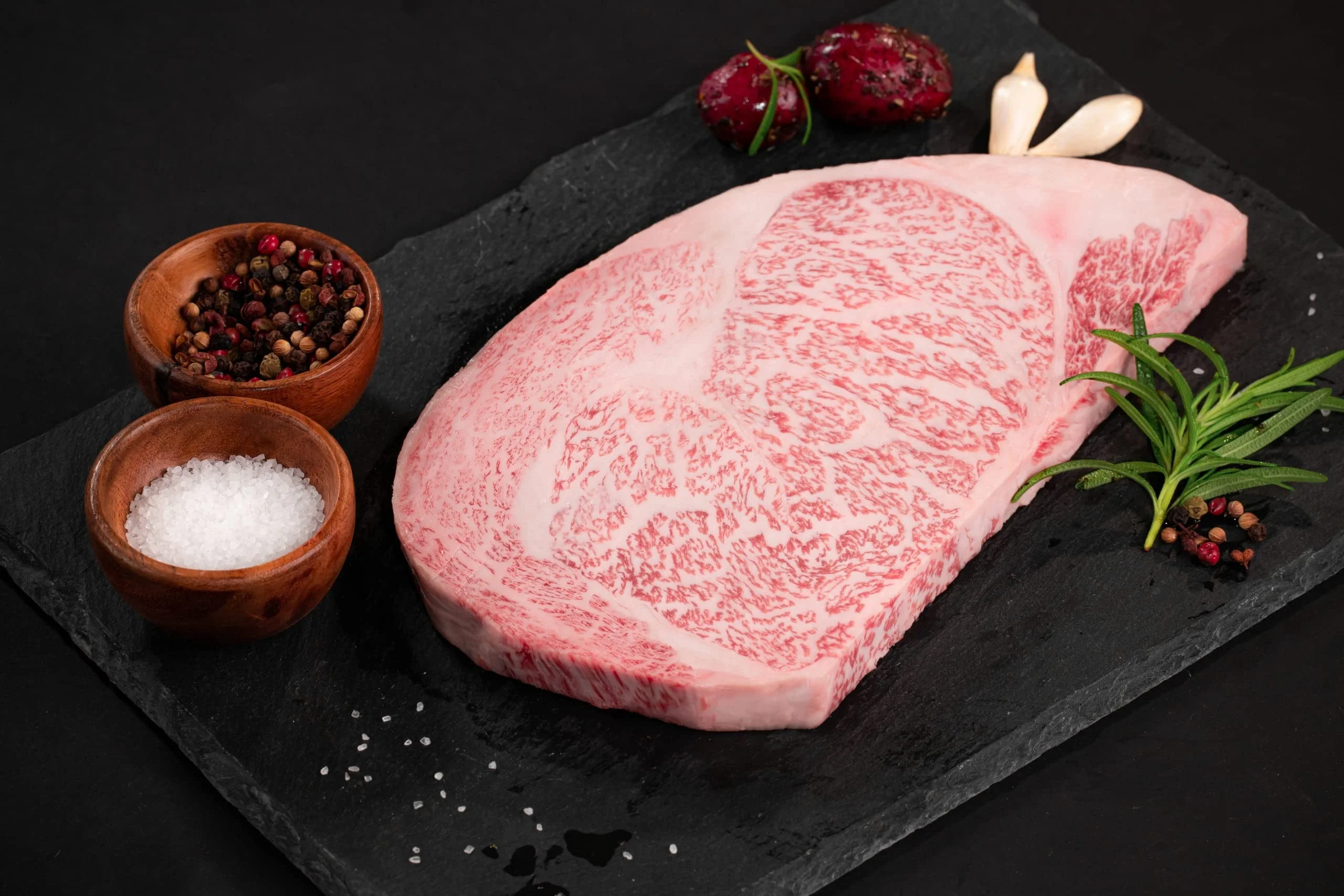 Premium Japanese Wagyu beef on a slate board