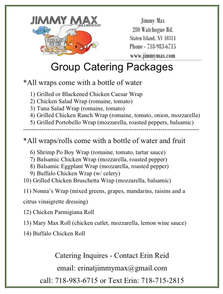 Jimmy Max Group Catering Box Lunch Menu