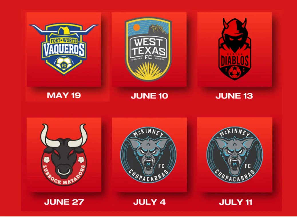 Logos of Texas soccer teams with match dates in May and July.
