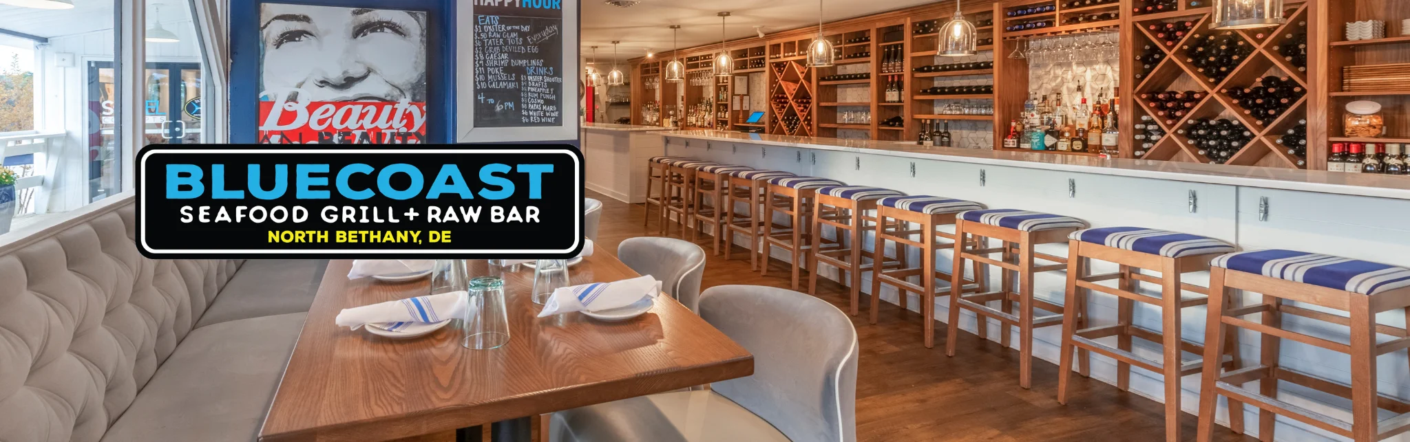 Modern seafood restaurant interior with bar and seating