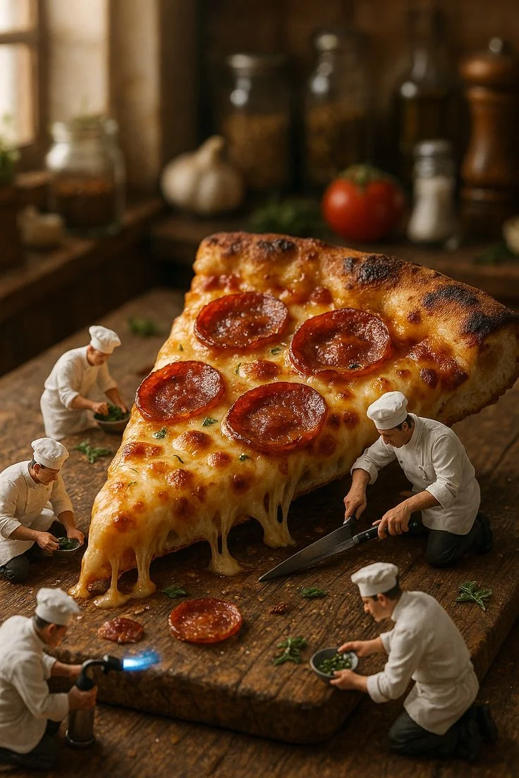 Pepperoni pizza slice with miniature chefs preparing toppings
