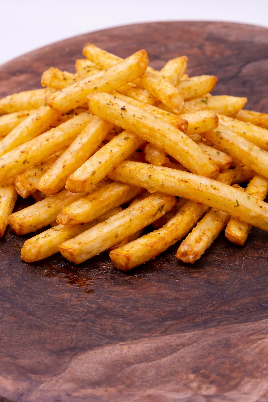 Crispy French fries served on a wooden platter