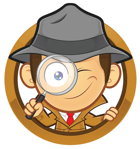 Cartoon detective character with magnifying glass