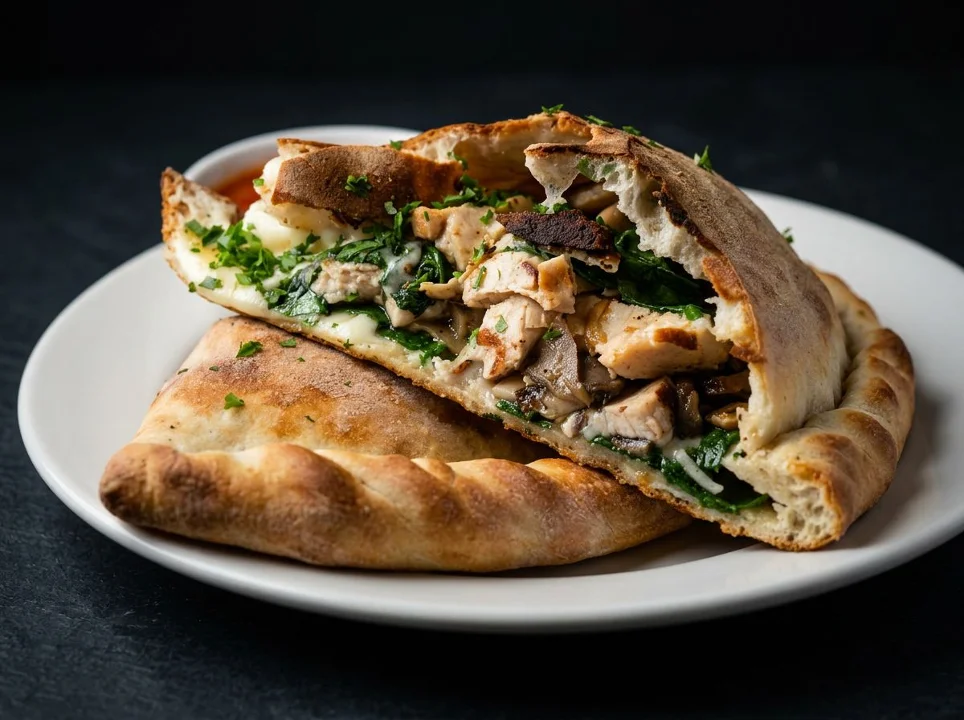 A calzone filled with chicken, spinach, and cheese, served with a marinara sauce on a plate.