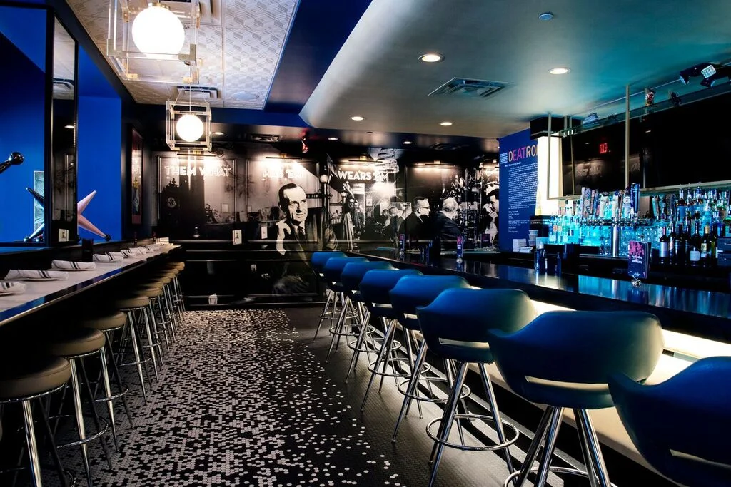Modern bar interior with stylish seating and vibrant decor