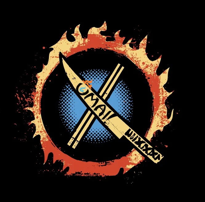 Artistic logo featuring a knife and flames
