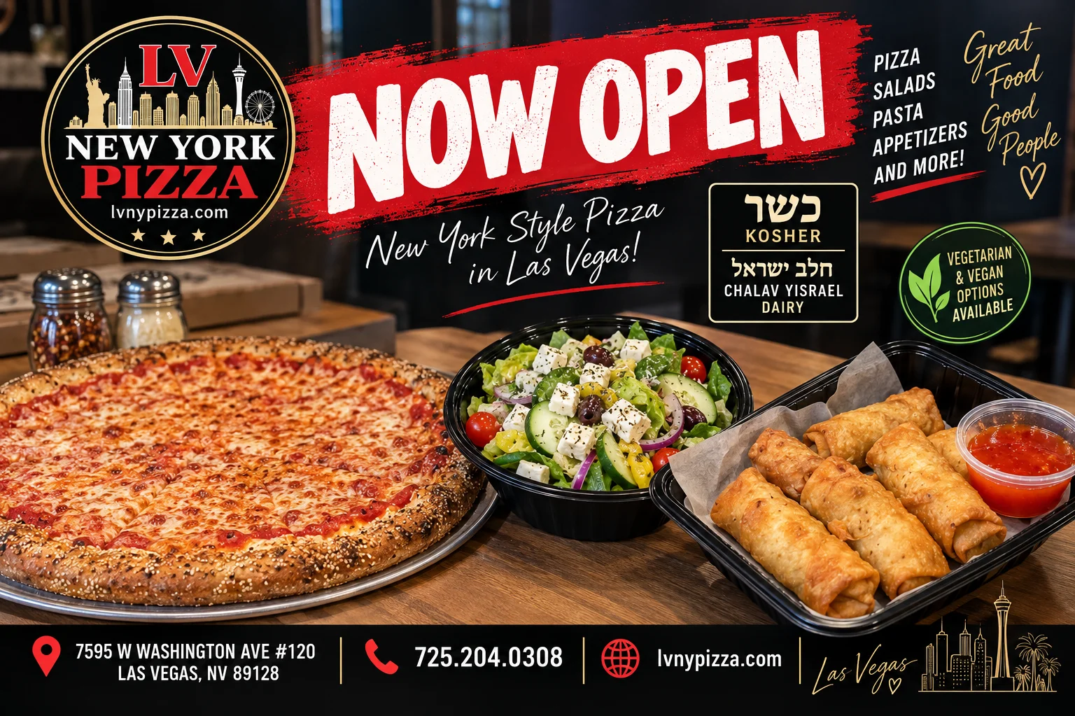 New York-style pizza with fresh toppings
