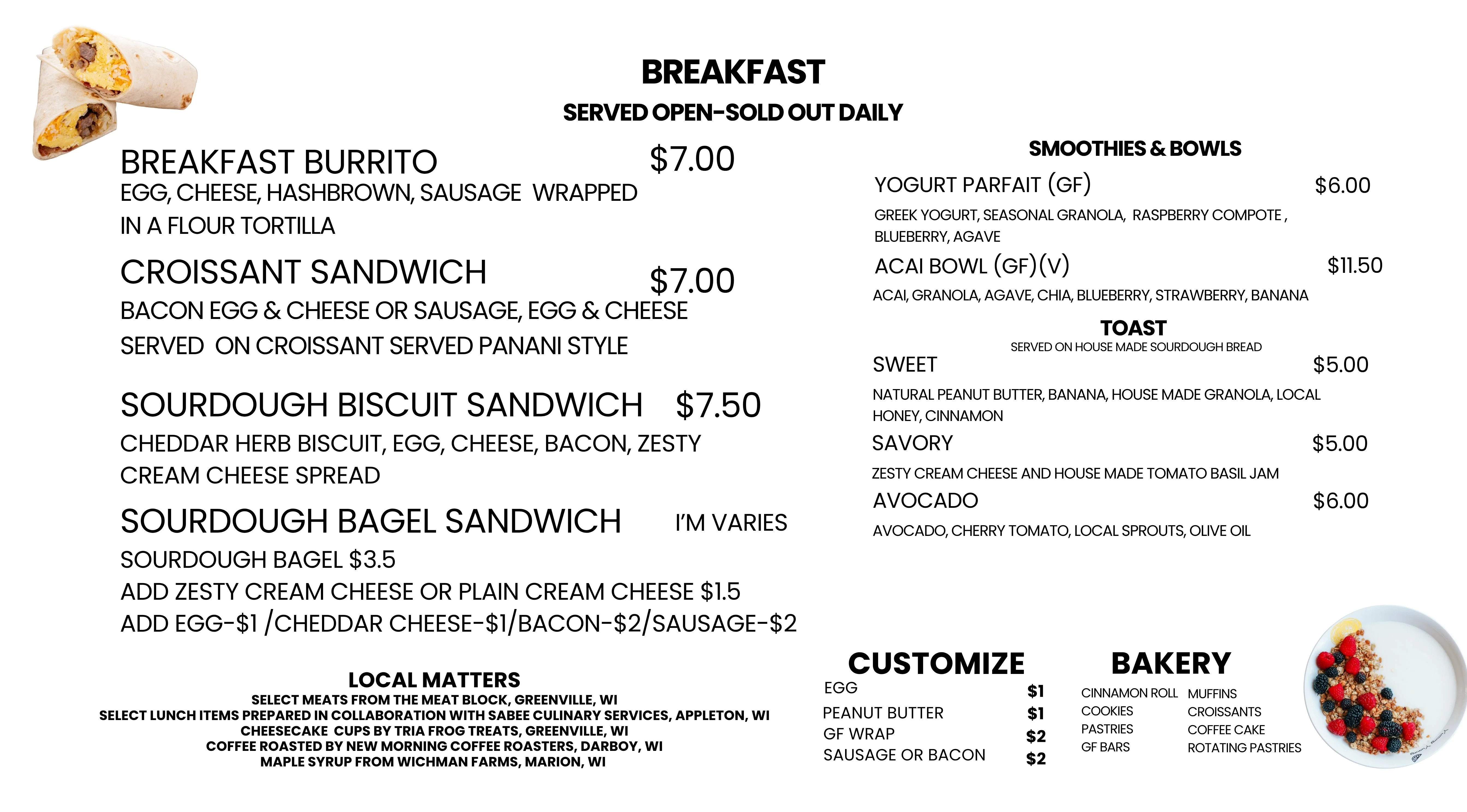Breakfast menu featuring various delicious dishes and beverages.
