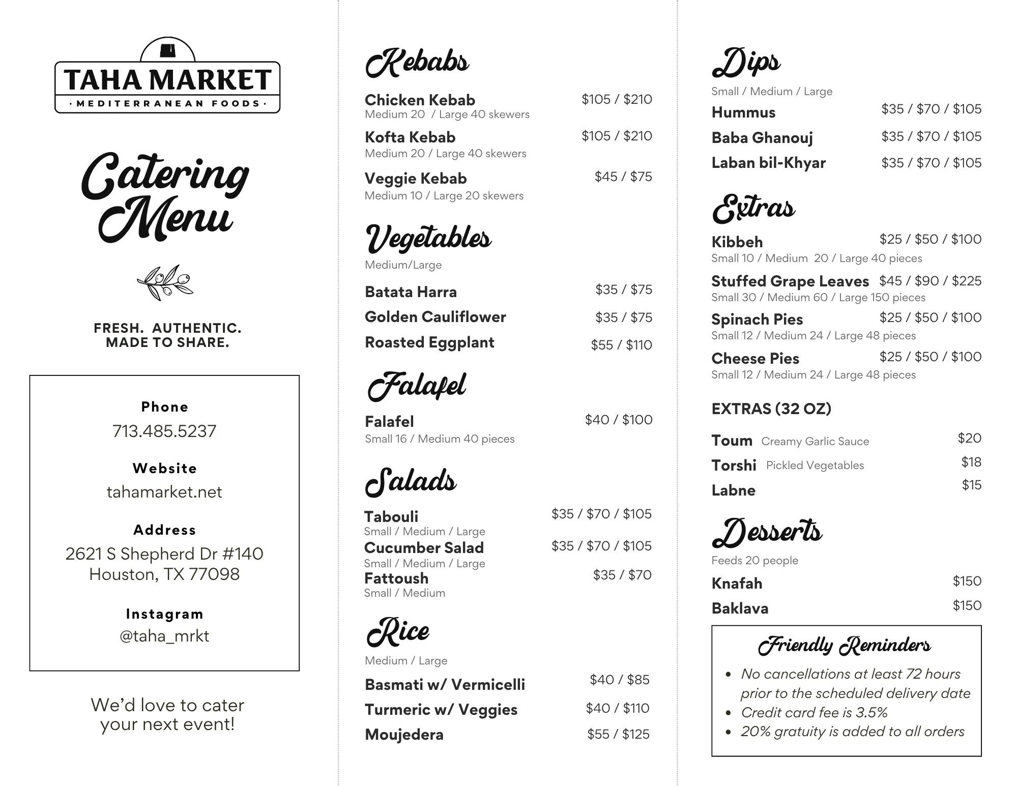 Mediterranean catering menu featuring kebabs and sweets