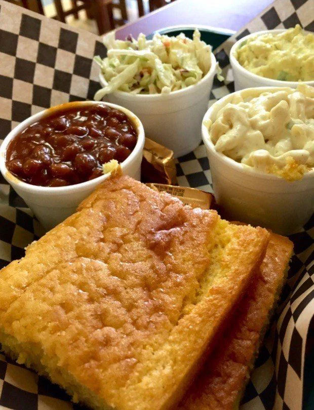 Southern cornbread with sides of coleslaw and baked beans