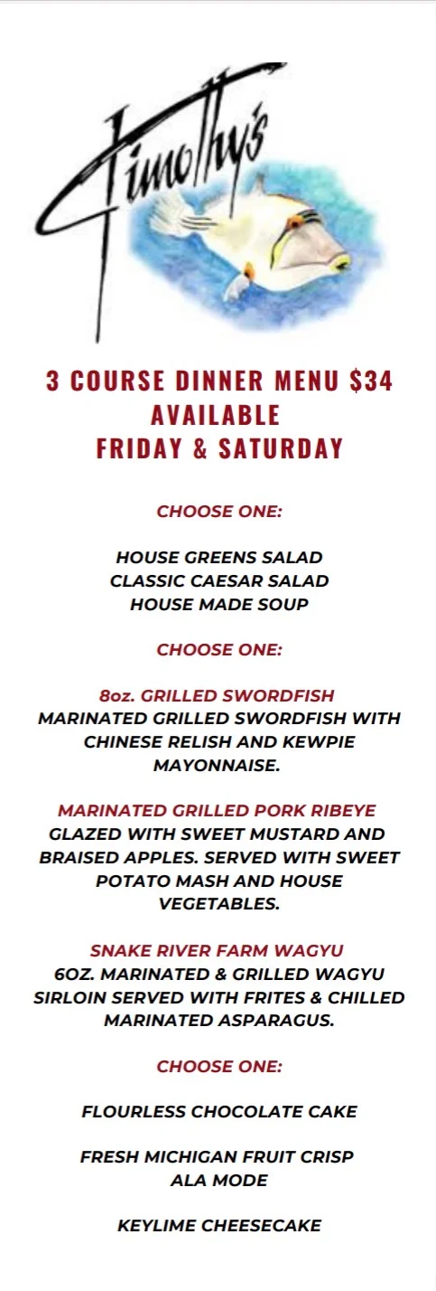 Three-course dinner menu featuring seafood and steak options