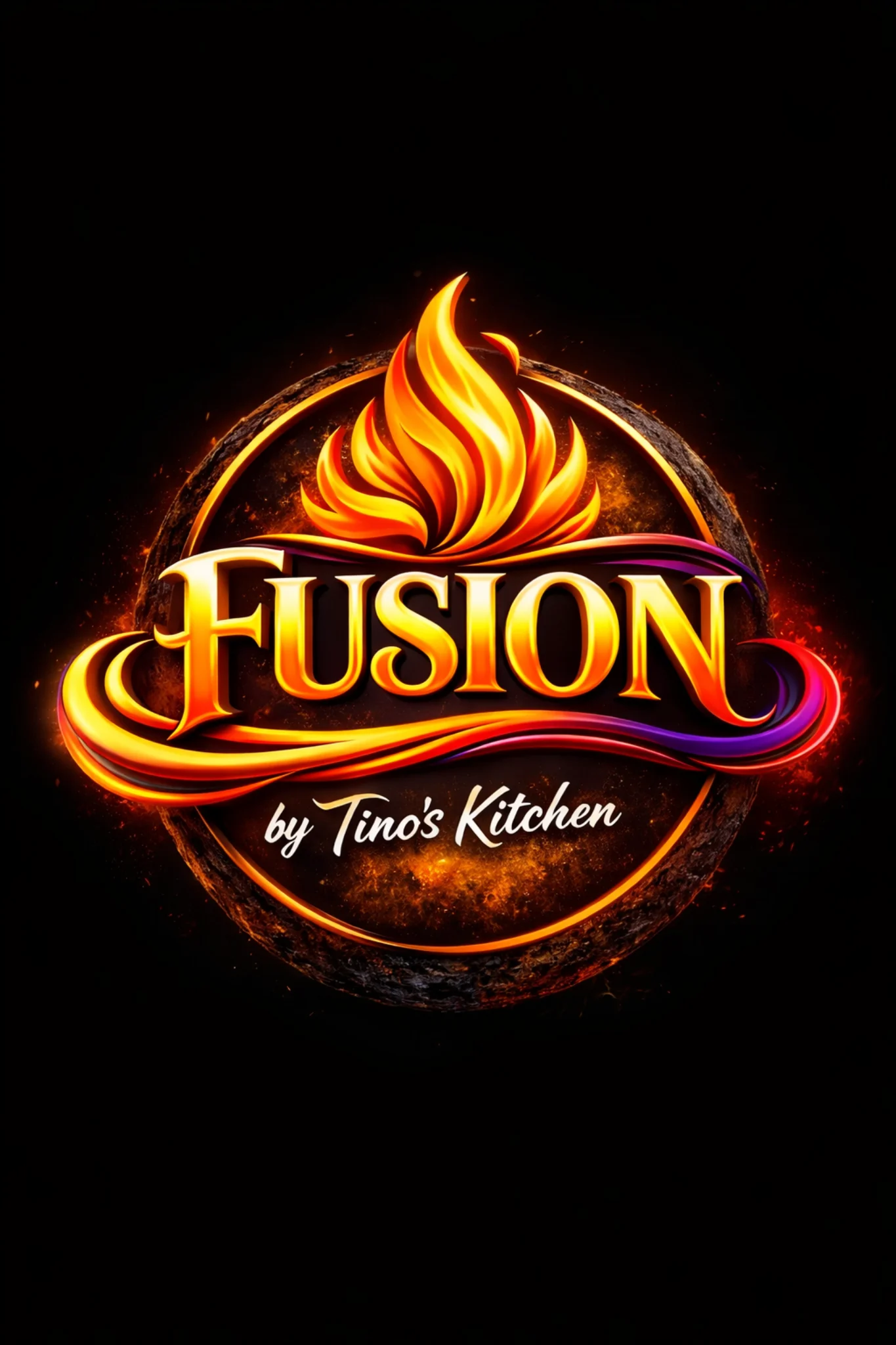 Logo of Fusion by Tino's Kitchen featuring vibrant flames