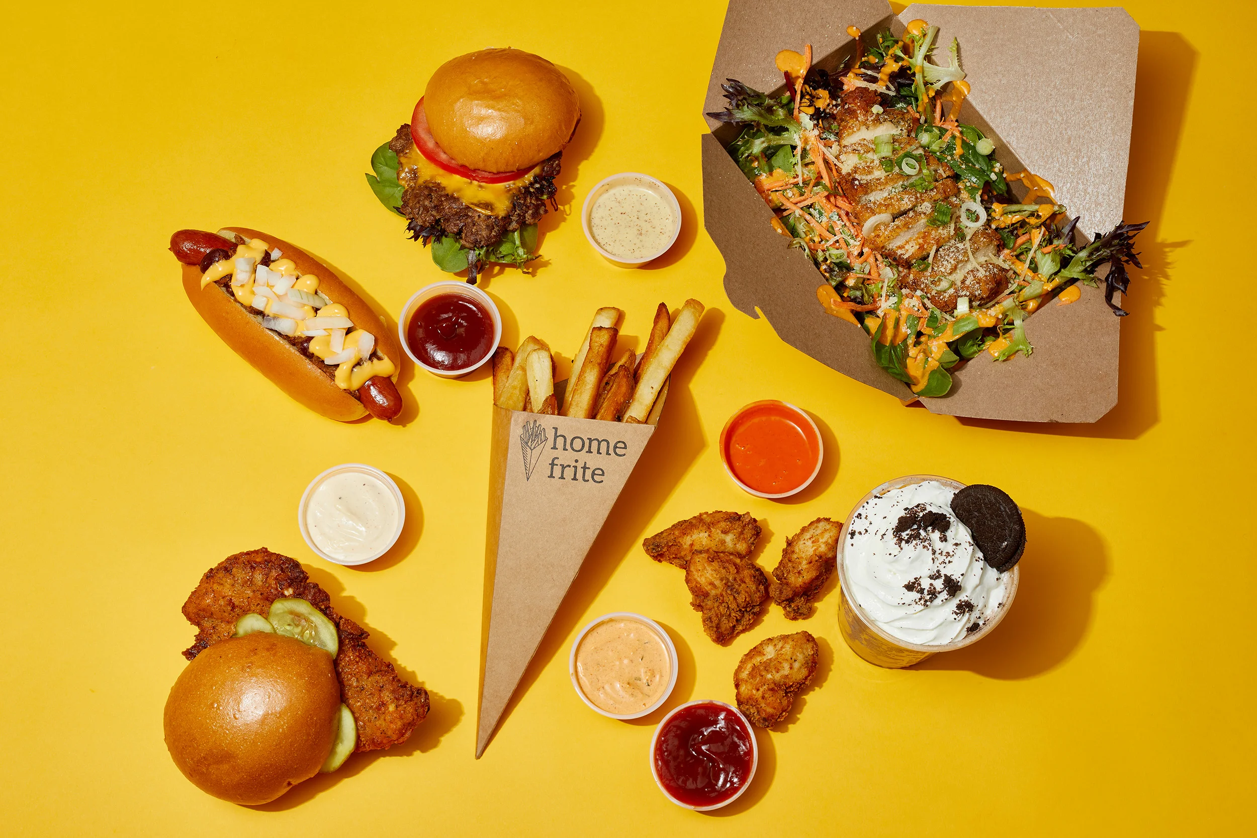 American comfort food platter with burgers and fries