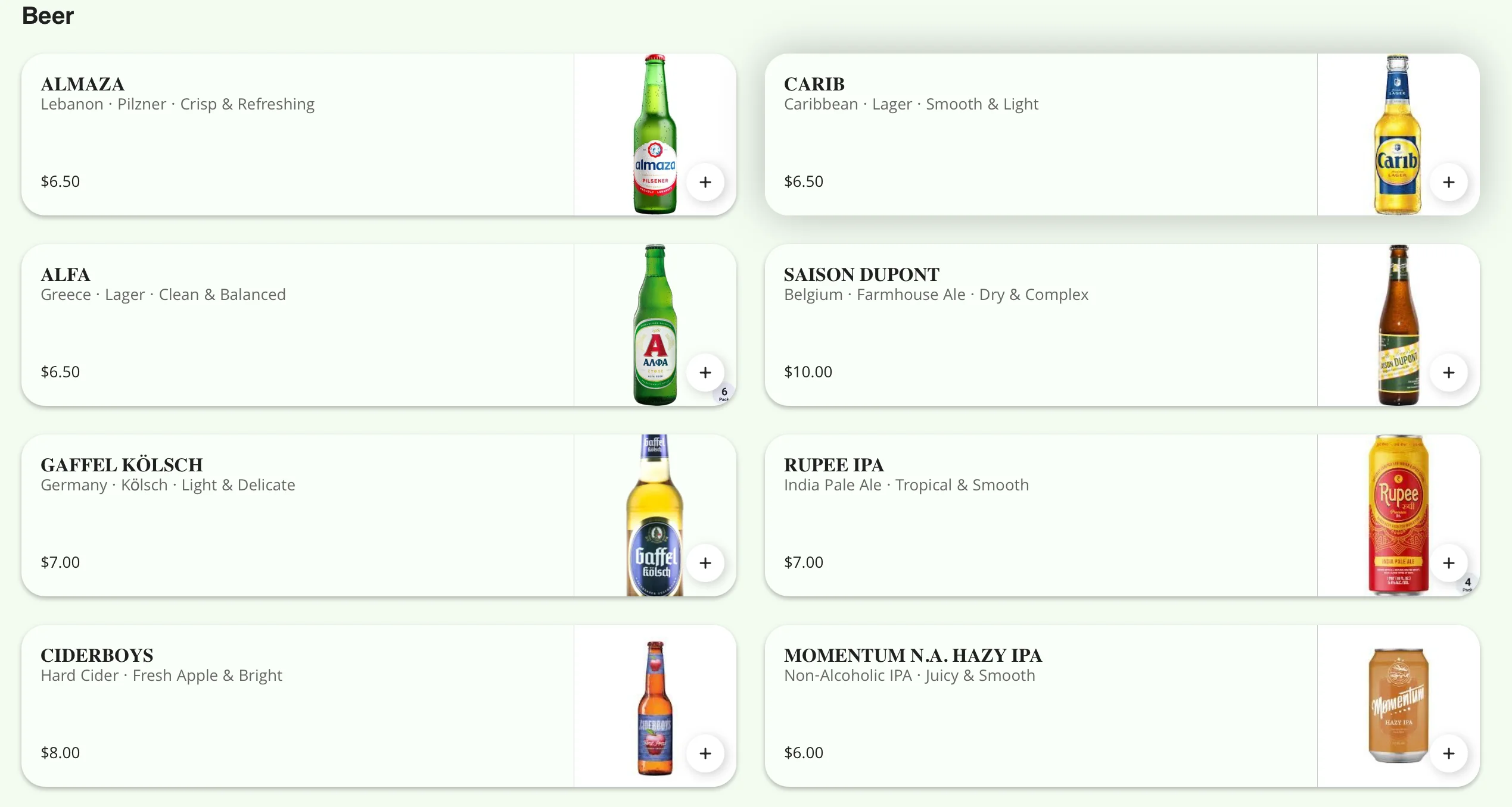 Selection of international beers including lagers and ales