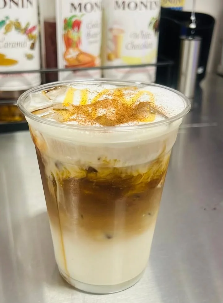 Iced caramel macchiato with layered espresso and milk
