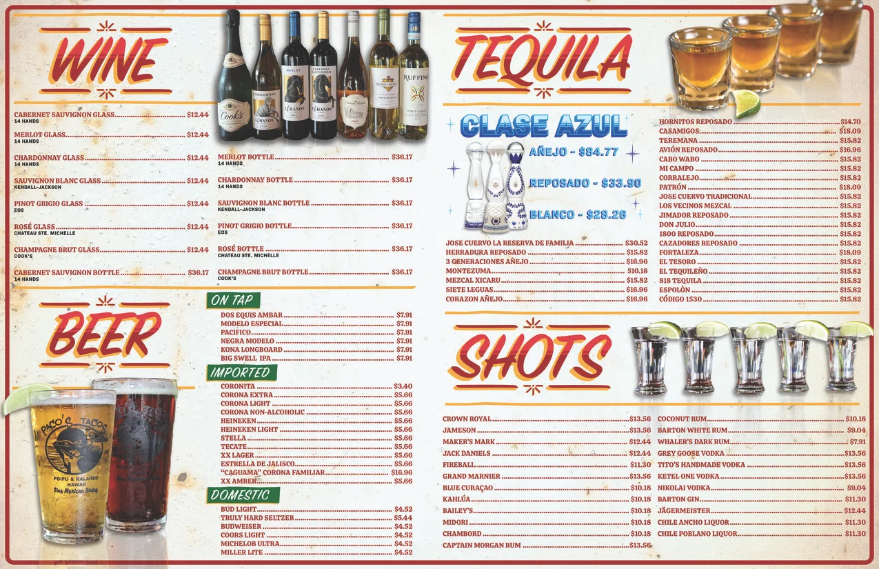 Comprehensive drink menu featuring wine, tequila, beer, and shots