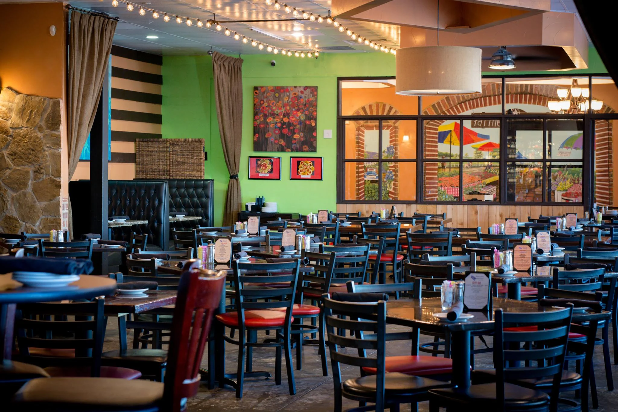Cozy restaurant interior with colorful decor and seating