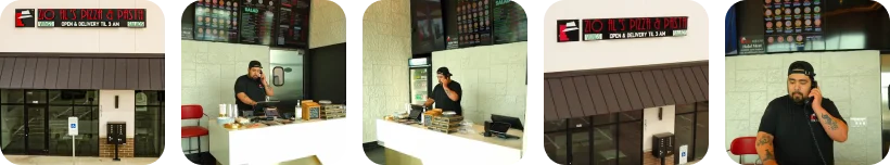 Modern pizza restaurant interior with staff at counter