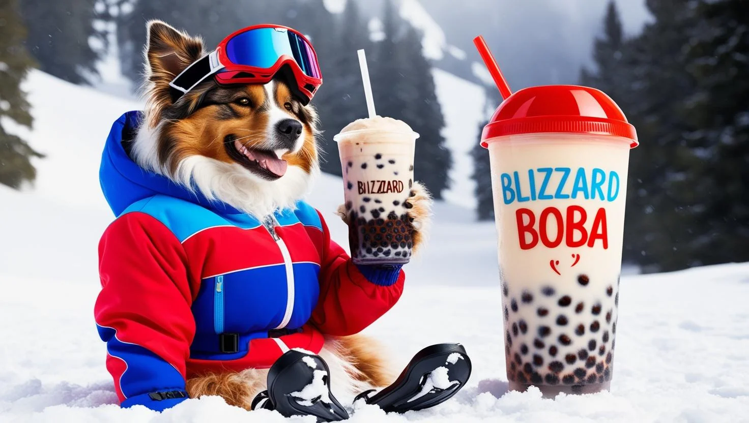 Dog in winter gear holding boba tea in a snowy landscape