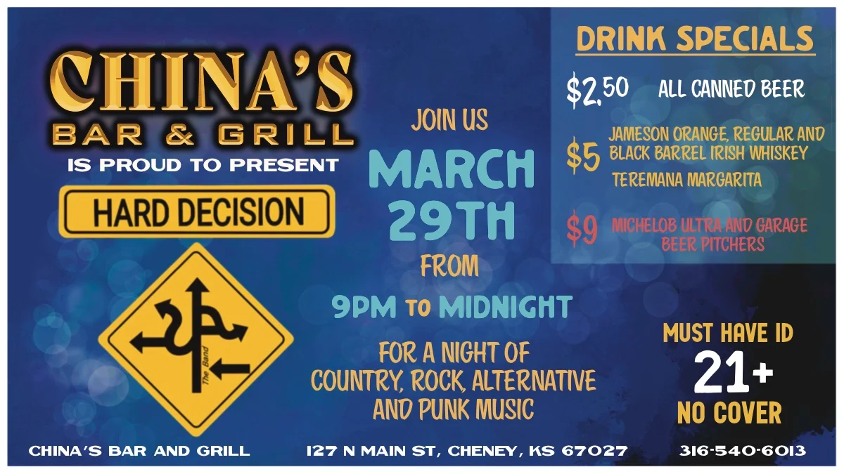 Event flyer for live music night at China’s Bar & Grill