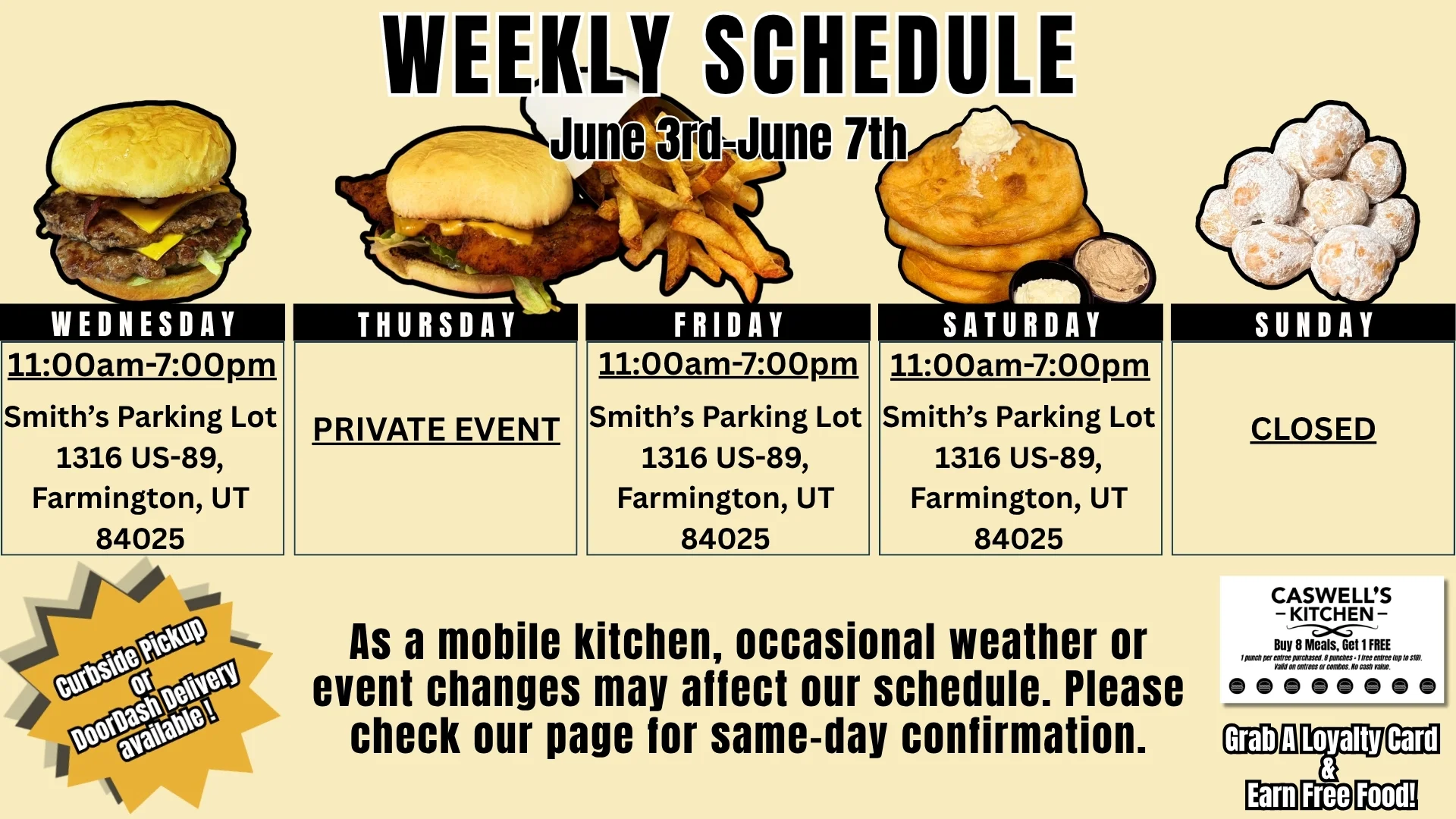 Weekly specials advertisement for Smith's restaurant featuring various dishes.