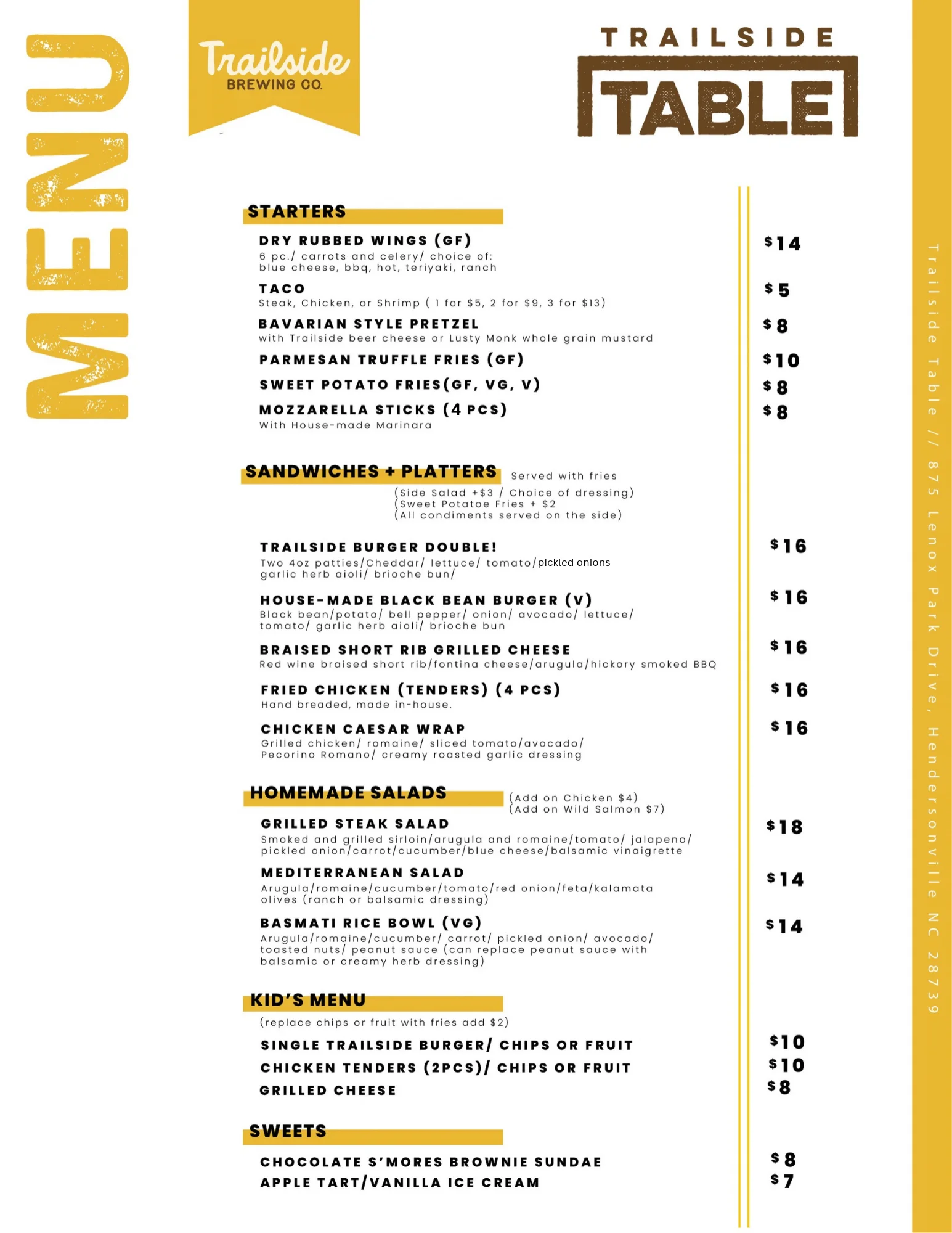 Restaurant menu featuring a variety of dishes and beverages.
