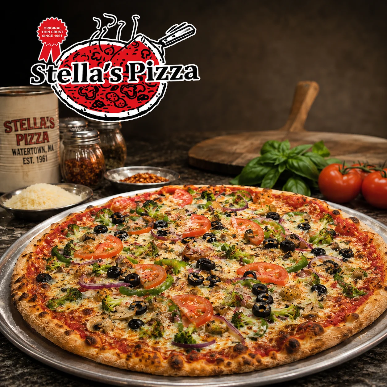 Cheesy Margherita pizza from a wood-fired oven