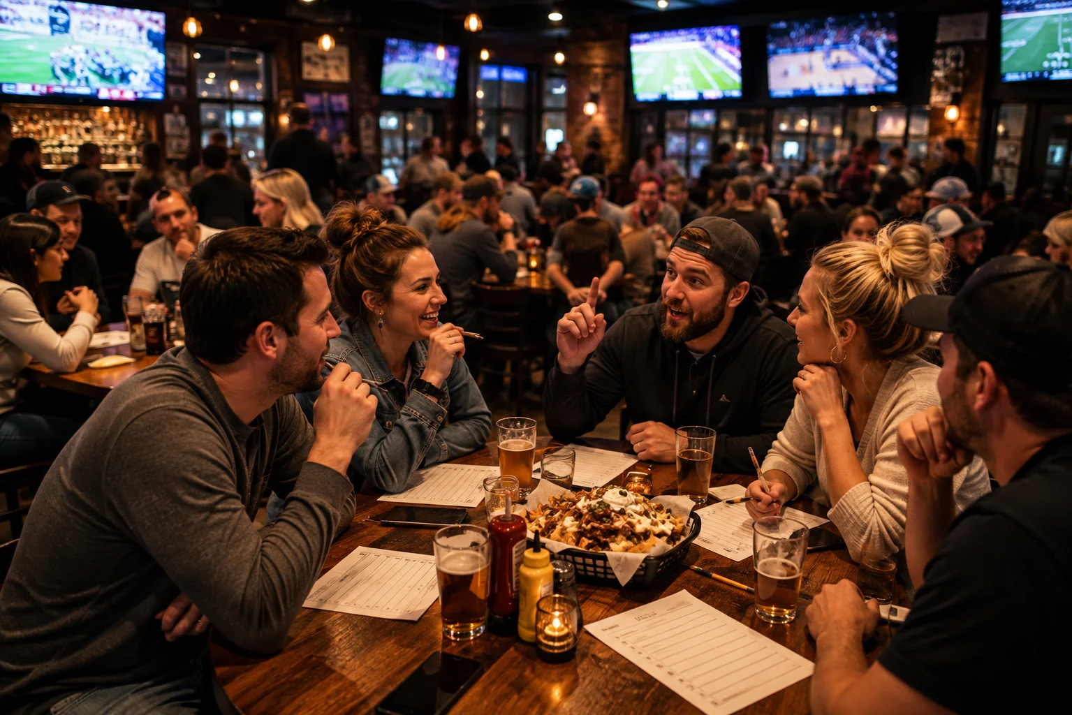 Friends playing trivia at Woodward Tavern