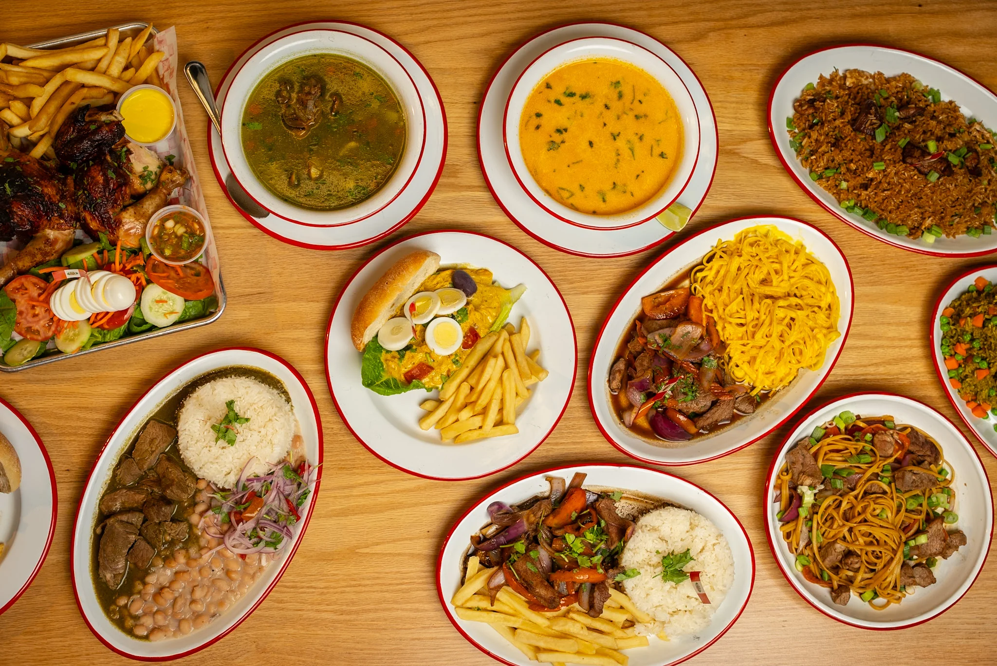 Assorted West African dishes on a wooden table