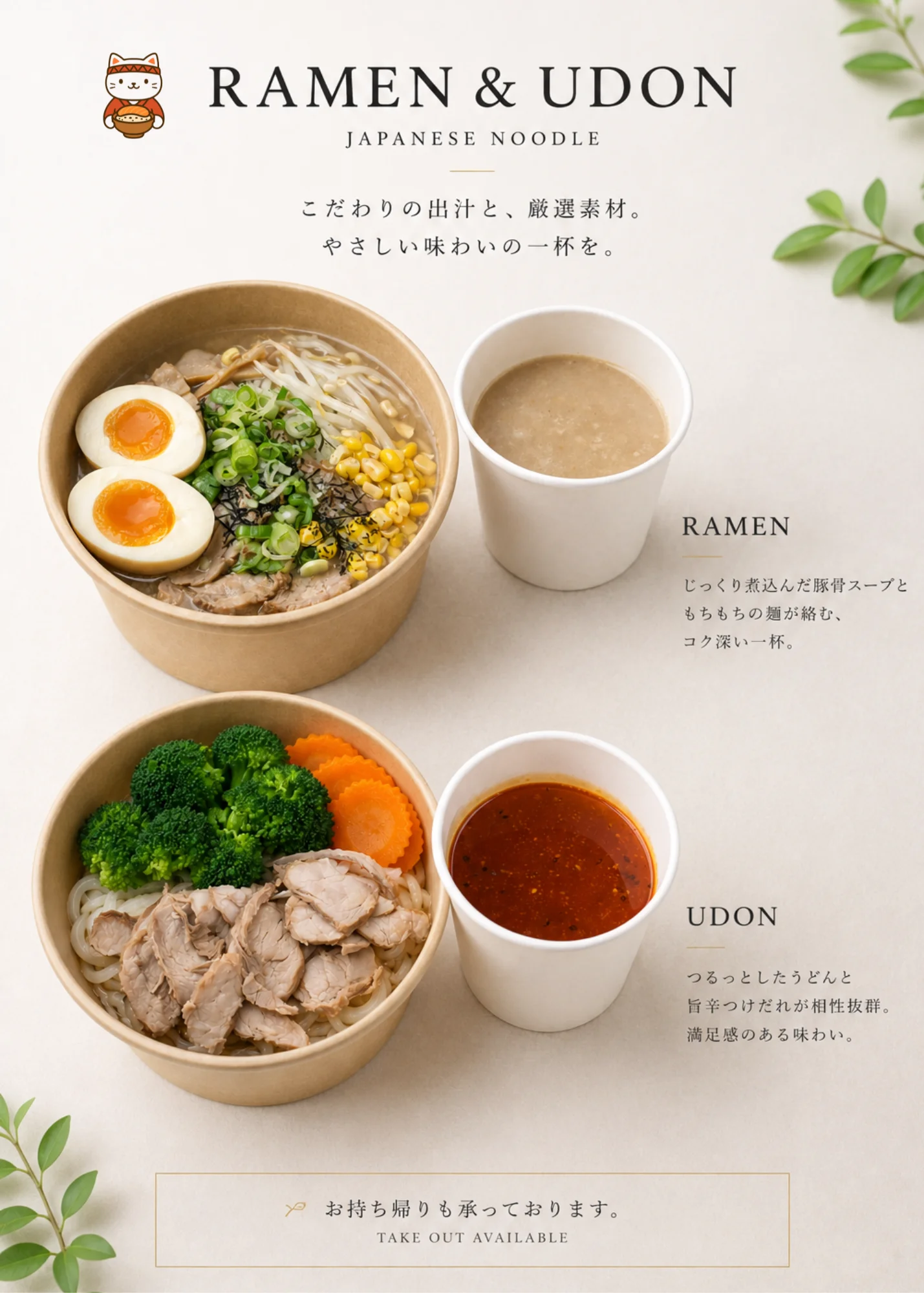 Bowls of ramen and udon with toppings and sauces, takeout available.