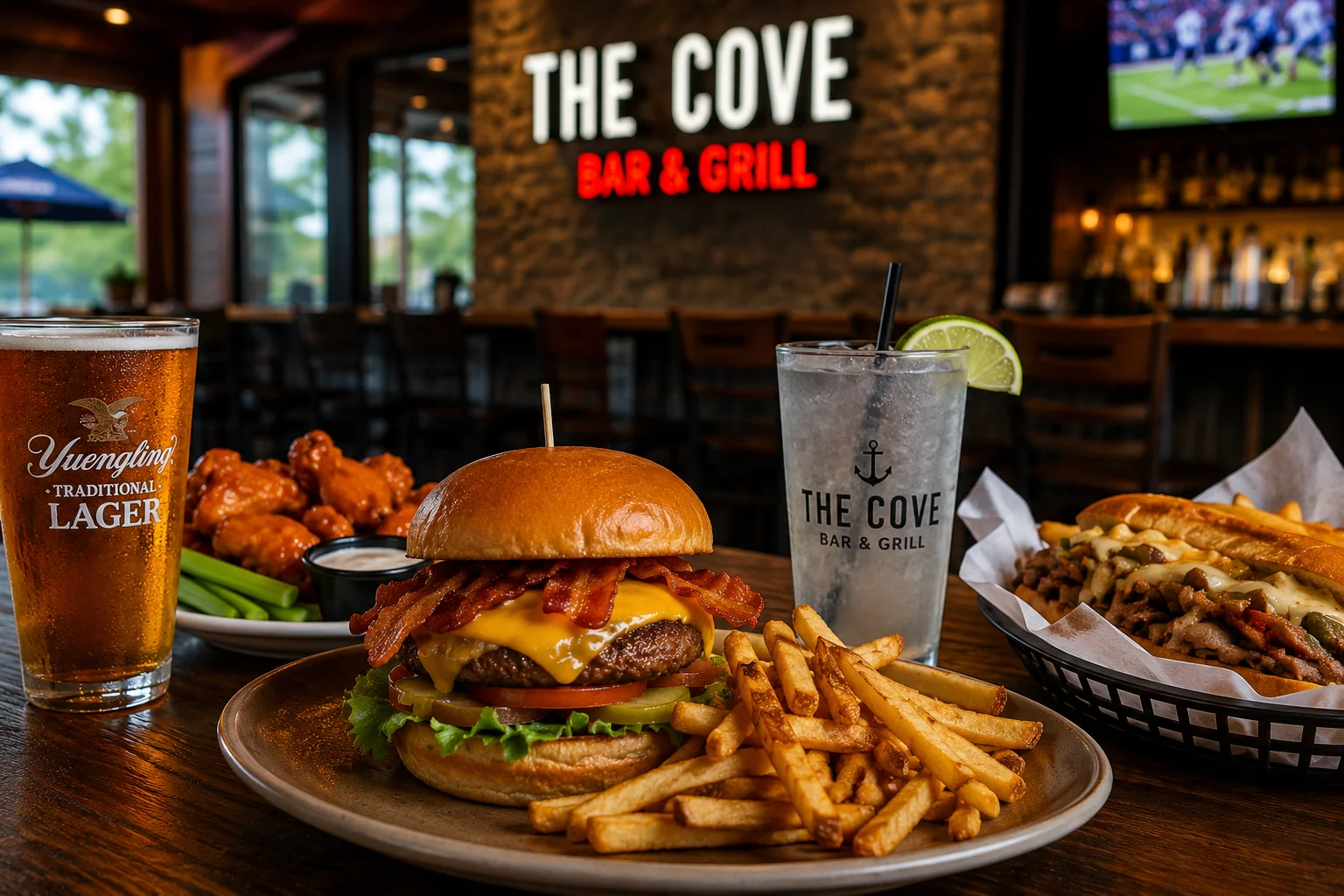 Delicious burger, wings, fries, and drinks at The Cove Bar & Grill.