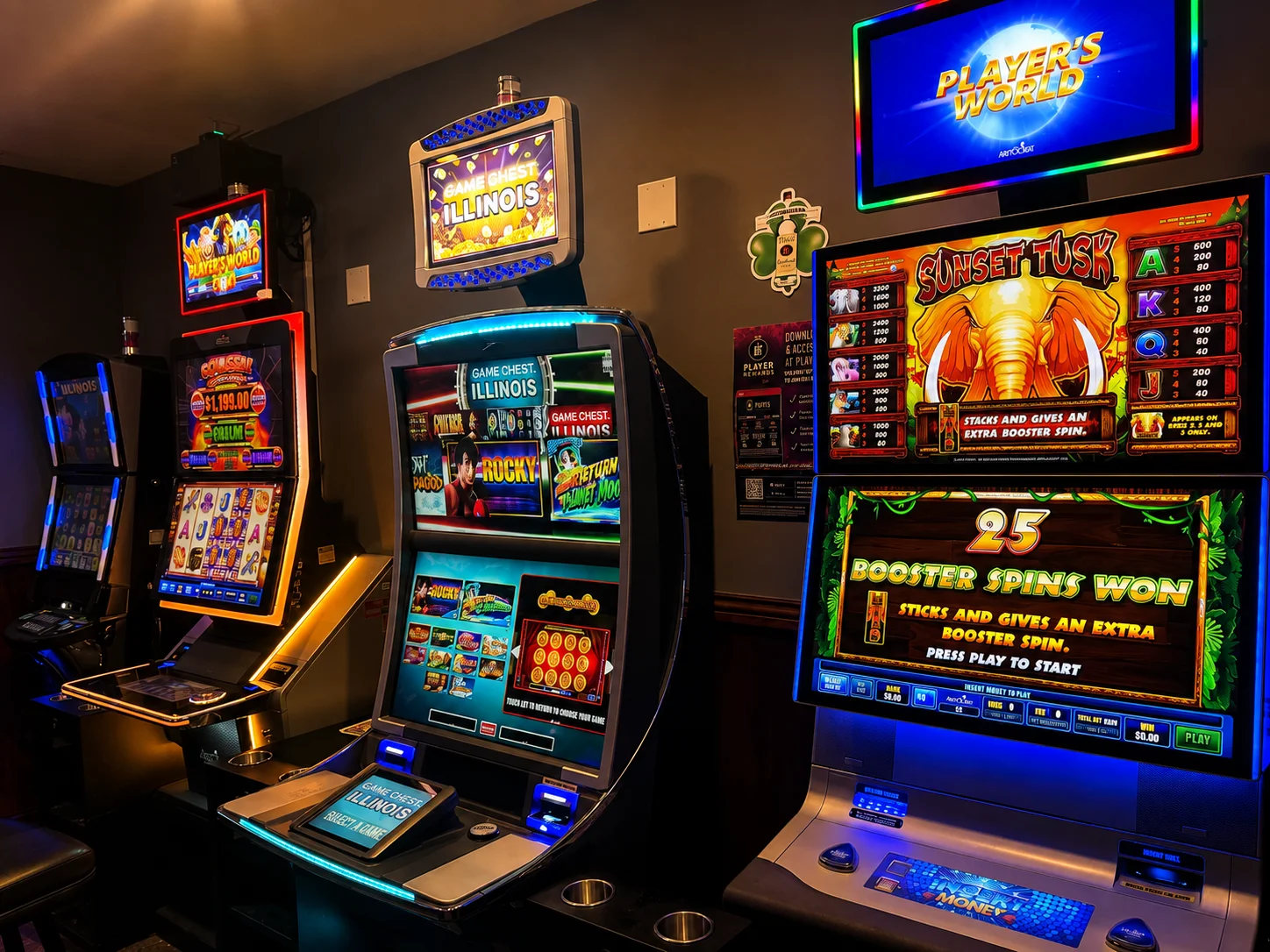 Colorful slot machines in a gaming area