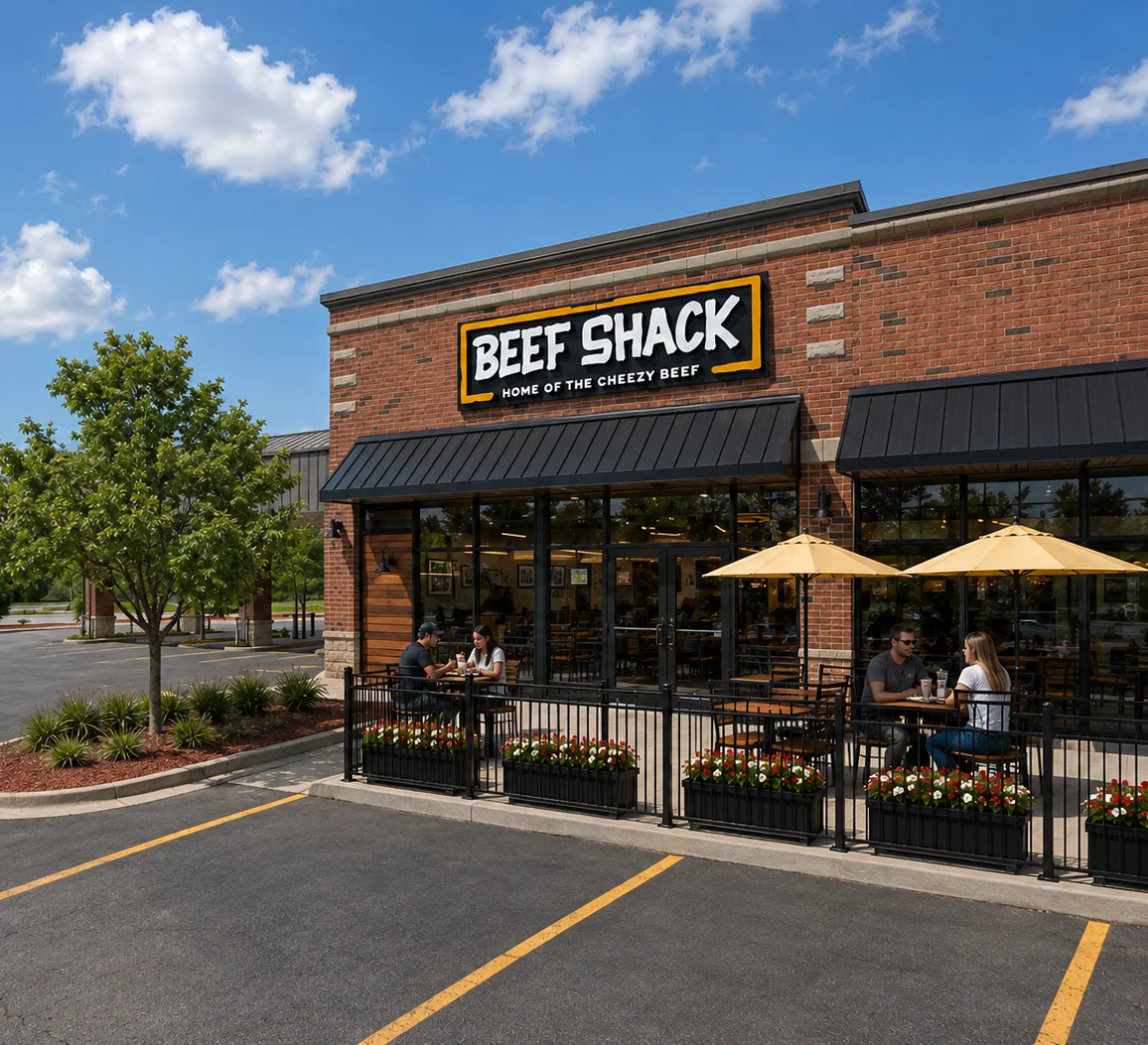 Exterior view of Beef Shack restaurant with outdoor seating