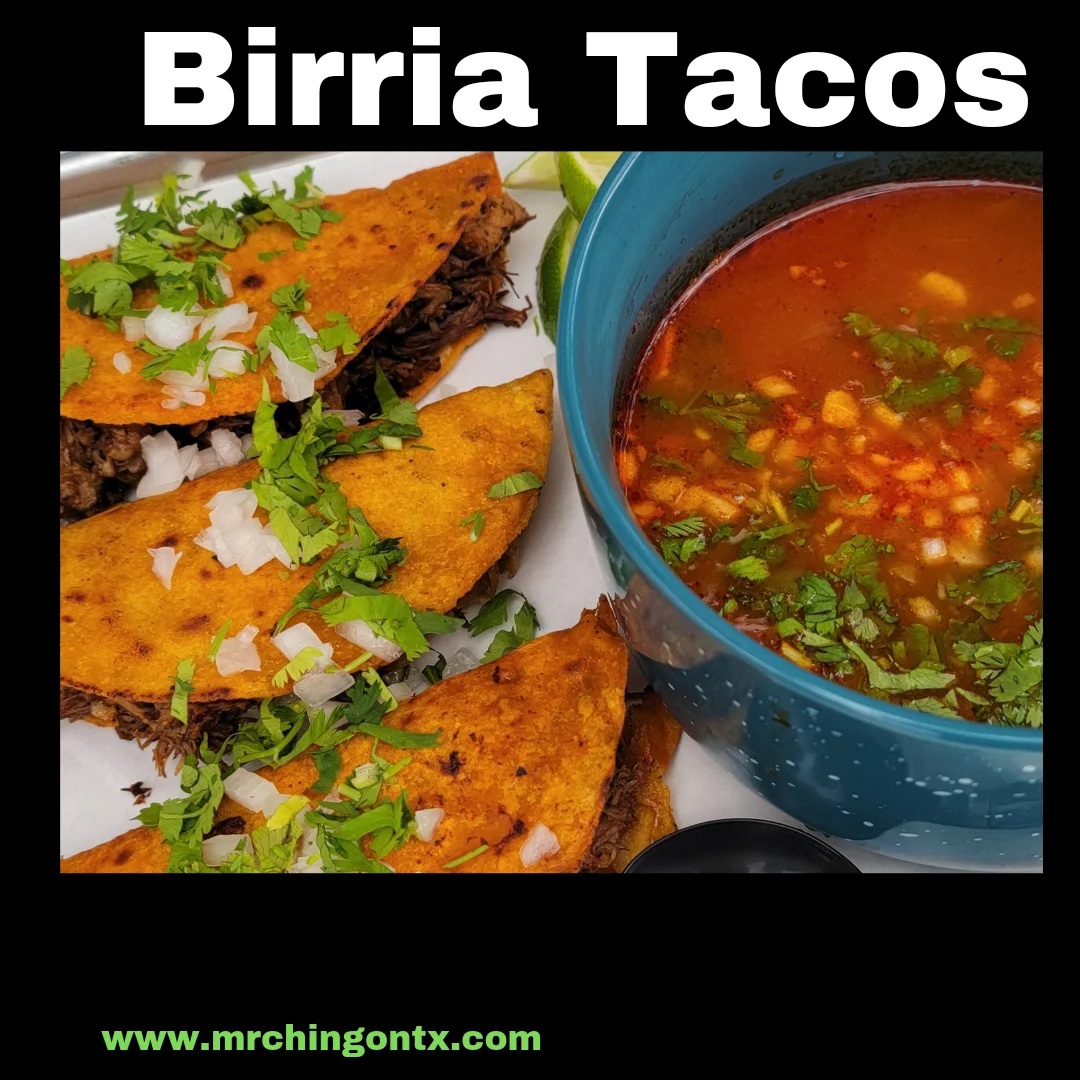 Authentic Mexican birria tacos served with consommé